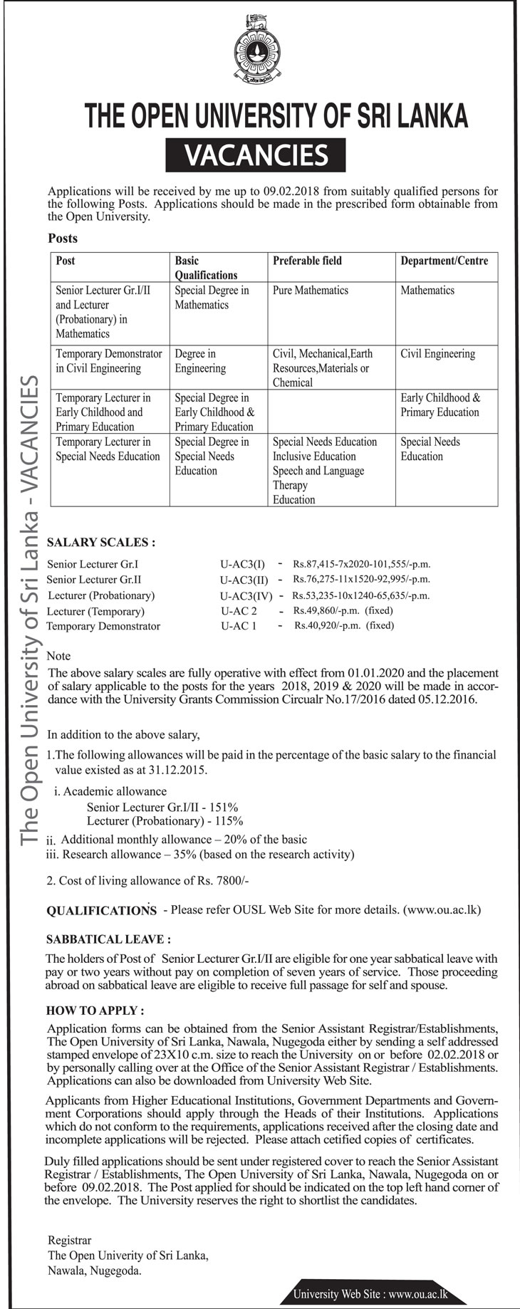 Senior Lecturer, Lecturer, Temporary Demonstrator, Temporary Lecturer - Open University